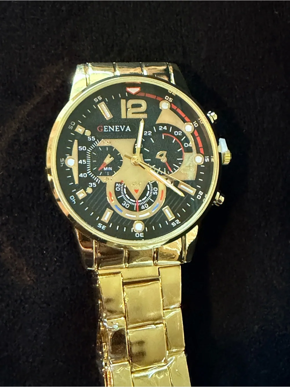 Geneva | Men's Gold Watch |Textured Black Dial | Chrono Style | NIB Brand New